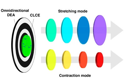 Schematic of the omnidirectional color wavelength-tunable device. Click for info.