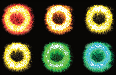 Series of visible-light colors generated by a microring resonator.