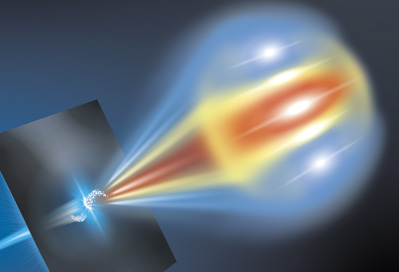 A beam of electron beamlets passes through a metal foil. Click for info.