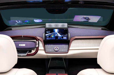 Transparent display integrated into windshield shows relevant driving information.