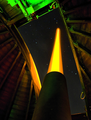 Burning bright: ESO’s portable guide star laser unit under test.