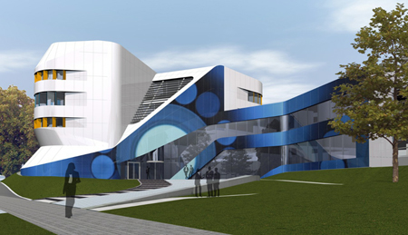 How the Fraunhofer IAO building in Stuttgart could be fitted with a colored solar façade.