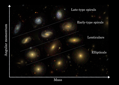 Position of Hubble sequence galaxy types in mass-angular momentum 2D classification.