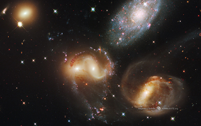 Galaxies of Stephan’s Quintet in Pegasus, observed by the Hubble Space Telescope. 