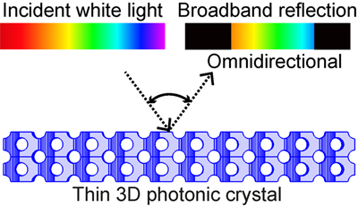 Thin 3D photonic crystal with diamond-like nanostructure illuminated by white light.