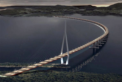 Artists impression of the proposed flloating bridge across the Bjørnafjord.