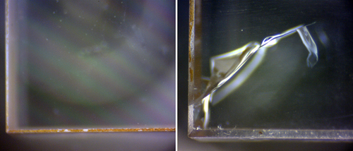 Shockproof: Nd-alumina shows no cracking at 40W applied voltage, while Nd-YAG cracks at 25W.